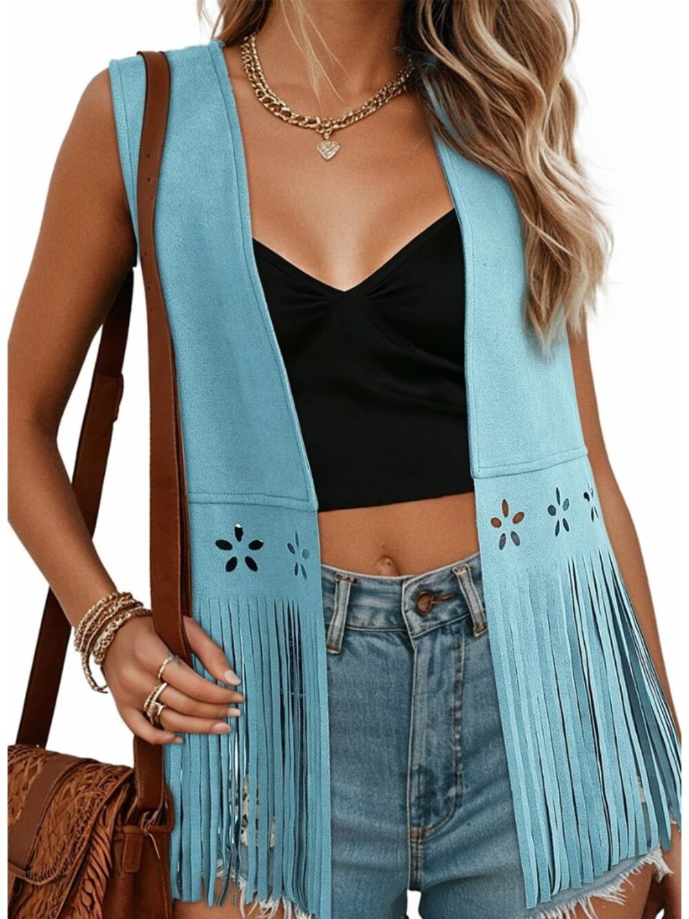 Womens Fringe Vest Cowgirl Western Outfits 70s Hippie Costume Sleeveless Hollow